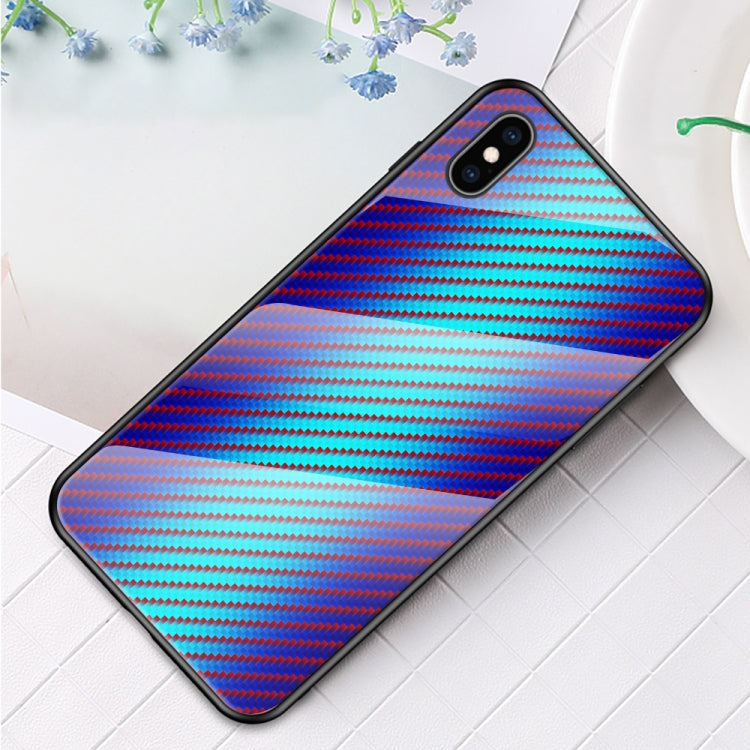 For iPhone XS Max Gradient Carbon Fiber Texture TPU Border Tempered Glass Case