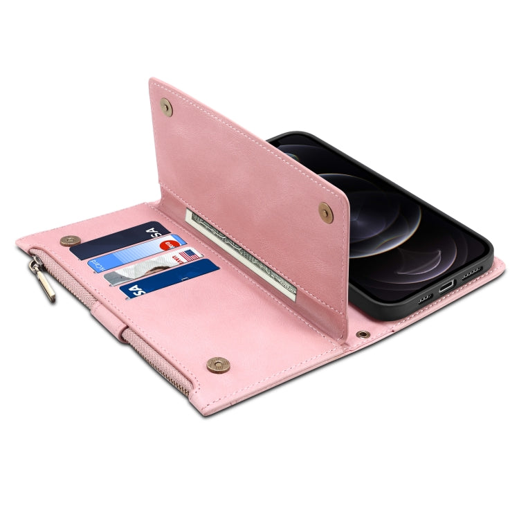 For iPhone 12 Pro Max Retro Frosted Horizontal Flip Leather Case with Holder & Card Slot & Wallet & Zipper Pocket & Lanyard