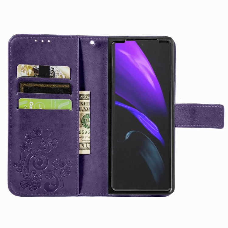 For Samsung Galaxy Z Fold3 5G Four-leaf Clasp Embossed Buckle Mobile Phone Protection Leather Case with Lanyard & Card Slot & Wallet & Bracket Function