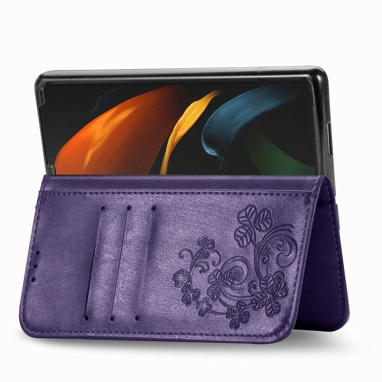 For Samsung Galaxy Z Fold3 5G Four-leaf Clasp Embossed Buckle Mobile Phone Protection Leather Case with Lanyard & Card Slot & Wallet & Bracket Function