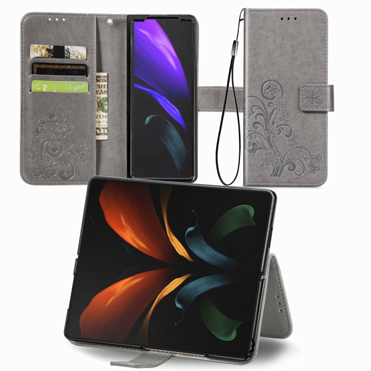 For Samsung Galaxy Z Fold3 5G Four-leaf Clasp Embossed Buckle Mobile Phone Protection Leather Case with Lanyard & Card Slot & Wallet & Bracket Function
