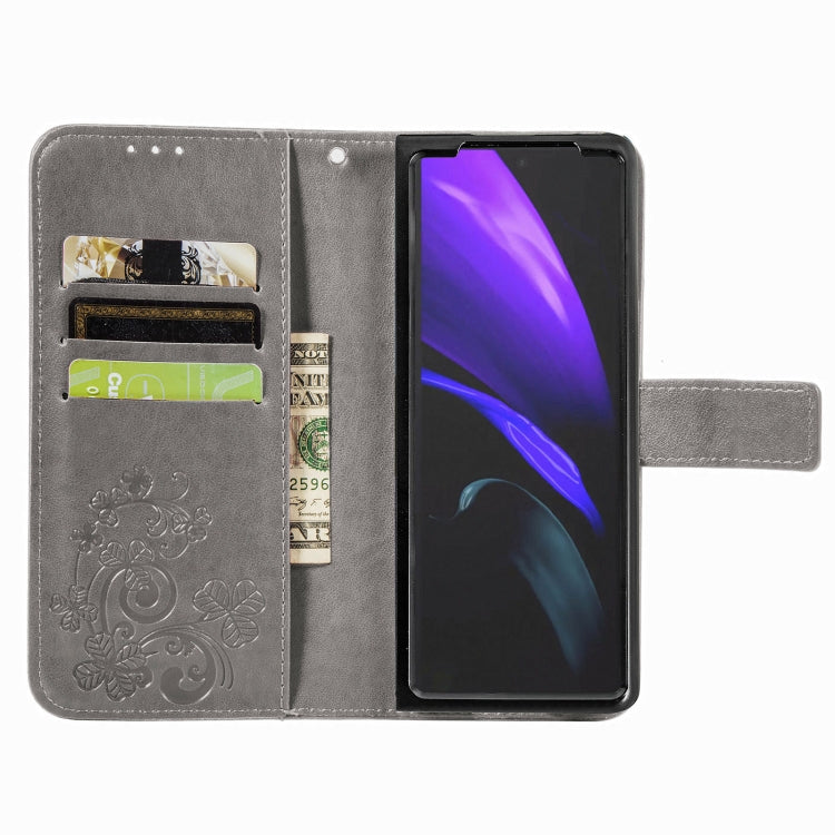 For Samsung Galaxy Z Fold3 5G Four-leaf Clasp Embossed Buckle Mobile Phone Protection Leather Case with Lanyard & Card Slot & Wallet & Bracket Function