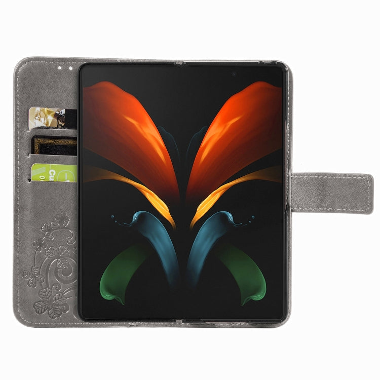 For Samsung Galaxy Z Fold3 5G Four-leaf Clasp Embossed Buckle Mobile Phone Protection Leather Case with Lanyard & Card Slot & Wallet & Bracket Function