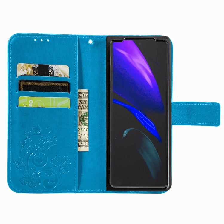 For Samsung Galaxy Z Fold3 5G Four-leaf Clasp Embossed Buckle Mobile Phone Protection Leather Case with Lanyard & Card Slot & Wallet & Bracket Function
