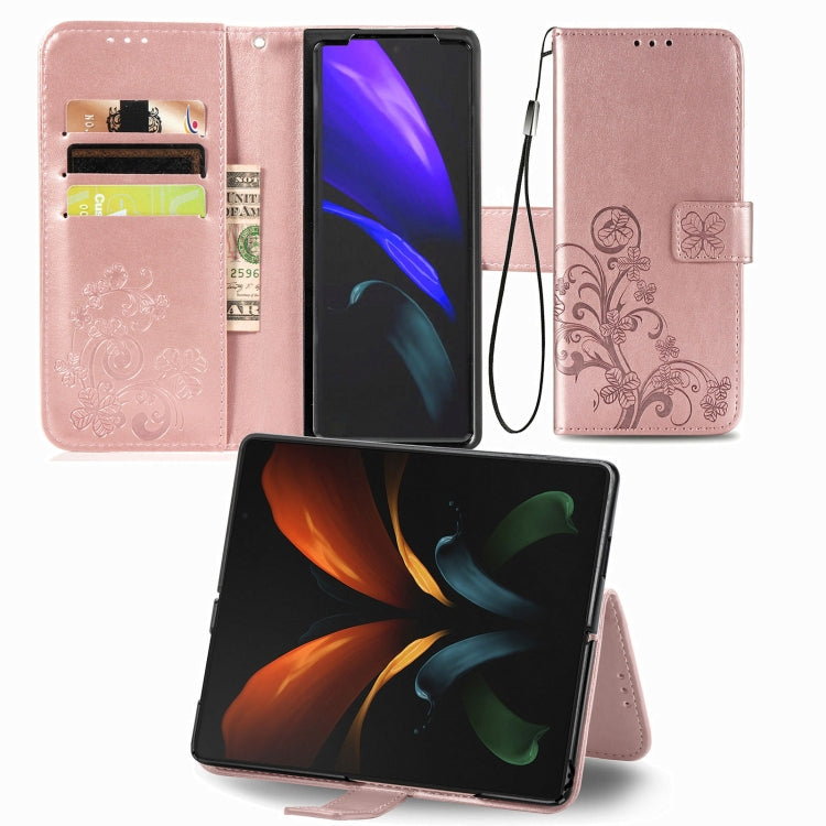 For Samsung Galaxy Z Fold3 5G Four-leaf Clasp Embossed Buckle Mobile Phone Protection Leather Case with Lanyard & Card Slot & Wallet & Bracket Function