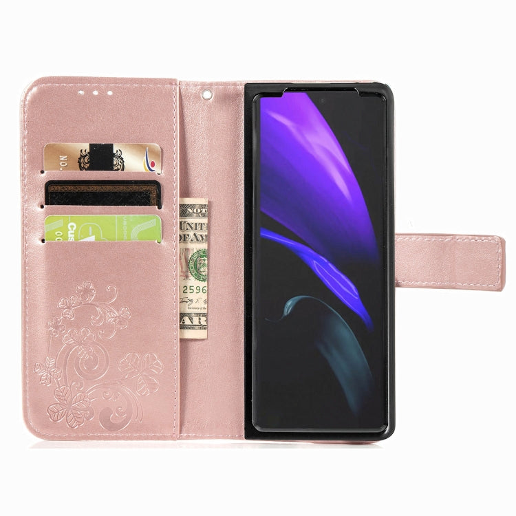 For Samsung Galaxy Z Fold3 5G Four-leaf Clasp Embossed Buckle Mobile Phone Protection Leather Case with Lanyard & Card Slot & Wallet & Bracket Function