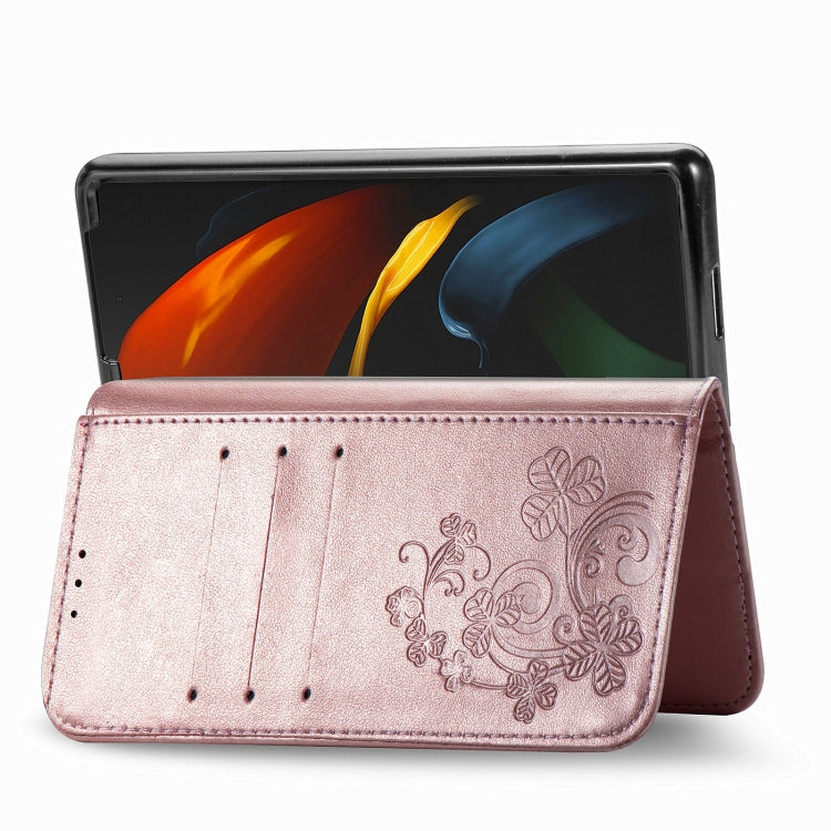 For Samsung Galaxy Z Fold3 5G Four-leaf Clasp Embossed Buckle Mobile Phone Protection Leather Case with Lanyard & Card Slot & Wallet & Bracket Function