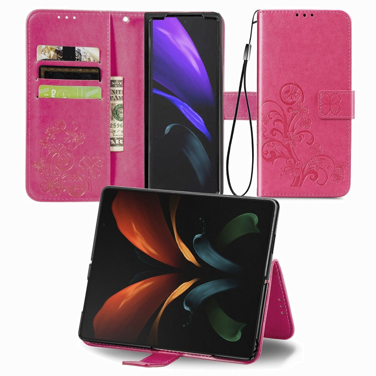 For Samsung Galaxy Z Fold3 5G Four-leaf Clasp Embossed Buckle Mobile Phone Protection Leather Case with Lanyard & Card Slot & Wallet & Bracket Function