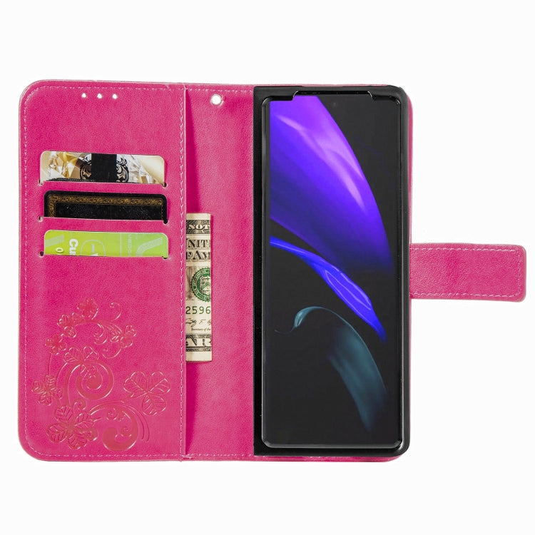 For Samsung Galaxy Z Fold3 5G Four-leaf Clasp Embossed Buckle Mobile Phone Protection Leather Case with Lanyard & Card Slot & Wallet & Bracket Function