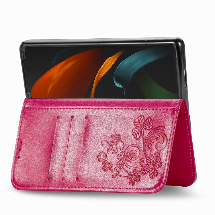 For Samsung Galaxy Z Fold3 5G Four-leaf Clasp Embossed Buckle Mobile Phone Protection Leather Case with Lanyard & Card Slot & Wallet & Bracket Function