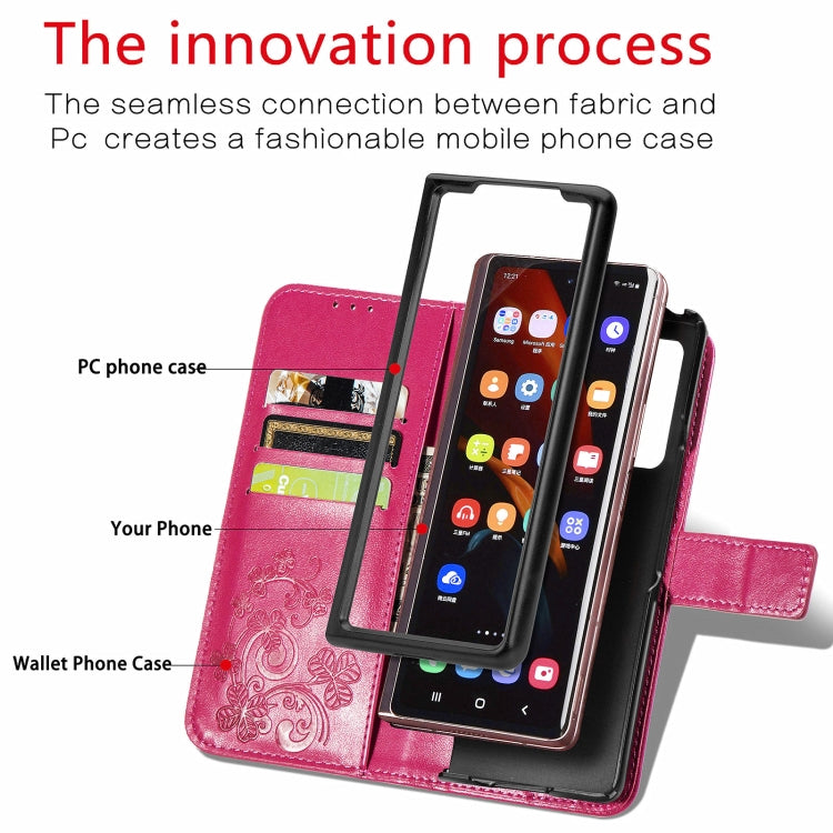 For Samsung Galaxy Z Fold3 5G Four-leaf Clasp Embossed Buckle Mobile Phone Protection Leather Case with Lanyard & Card Slot & Wallet & Bracket Function
