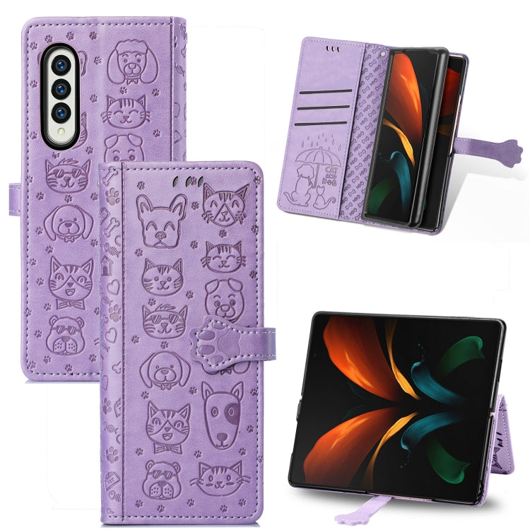 For Samsung Galaxy Z Fold3 5G Lovely Cat and Dog Embossing Pattern Horizontal Flip Leather Case , with Holder & Card Slots & Wallet