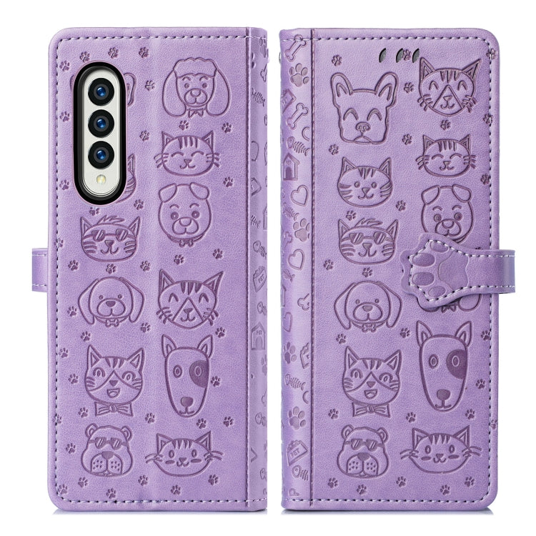 For Samsung Galaxy Z Fold3 5G Lovely Cat and Dog Embossing Pattern Horizontal Flip Leather Case , with Holder & Card Slots & Wallet