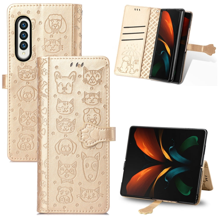 For Samsung Galaxy Z Fold3 5G Lovely Cat and Dog Embossing Pattern Horizontal Flip Leather Case , with Holder & Card Slots & Wallet