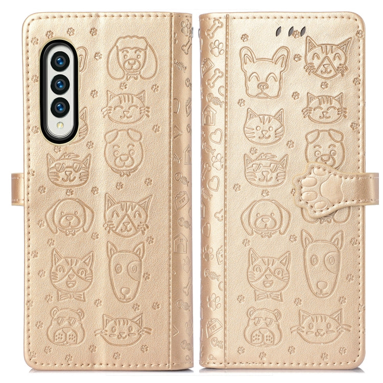 For Samsung Galaxy Z Fold3 5G Lovely Cat and Dog Embossing Pattern Horizontal Flip Leather Case , with Holder & Card Slots & Wallet