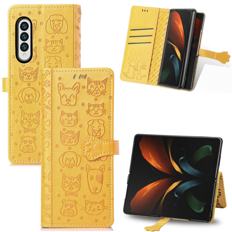 For Samsung Galaxy Z Fold3 5G Lovely Cat and Dog Embossing Pattern Horizontal Flip Leather Case , with Holder & Card Slots & Wallet