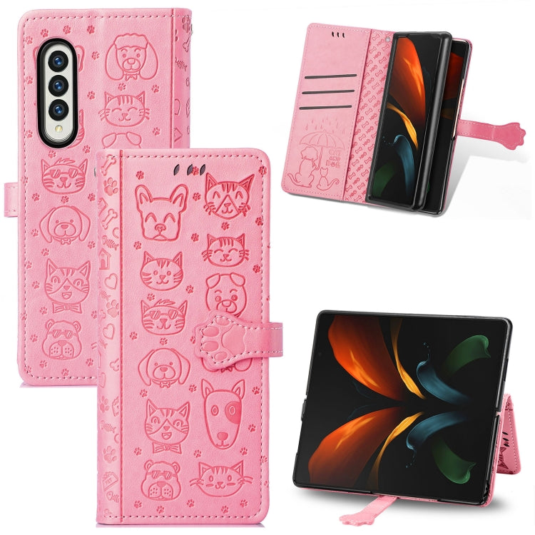 For Samsung Galaxy Z Fold3 5G Lovely Cat and Dog Embossing Pattern Horizontal Flip Leather Case , with Holder & Card Slots & Wallet