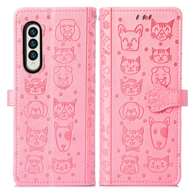 For Samsung Galaxy Z Fold3 5G Lovely Cat and Dog Embossing Pattern Horizontal Flip Leather Case , with Holder & Card Slots & Wallet