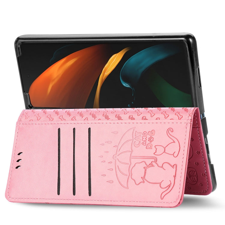 For Samsung Galaxy Z Fold3 5G Lovely Cat and Dog Embossing Pattern Horizontal Flip Leather Case , with Holder & Card Slots & Wallet