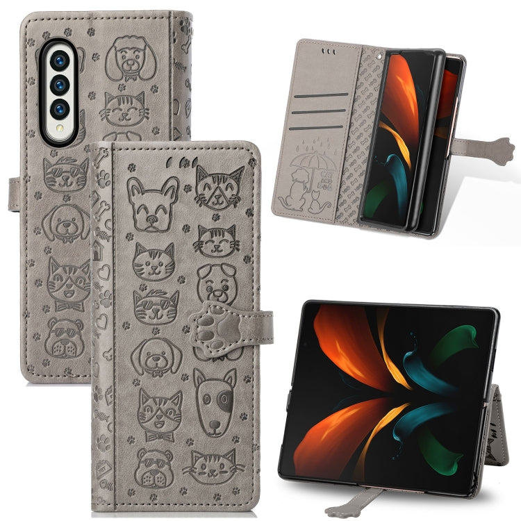 For Samsung Galaxy Z Fold3 5G Lovely Cat and Dog Embossing Pattern Horizontal Flip Leather Case , with Holder & Card Slots & Wallet