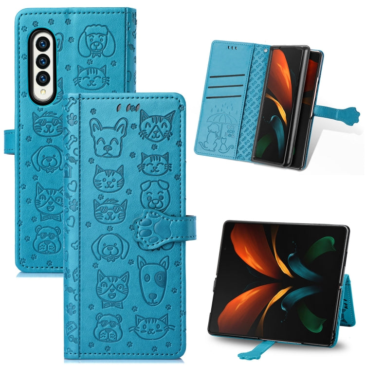 For Samsung Galaxy Z Fold3 5G Lovely Cat and Dog Embossing Pattern Horizontal Flip Leather Case , with Holder & Card Slots & Wallet
