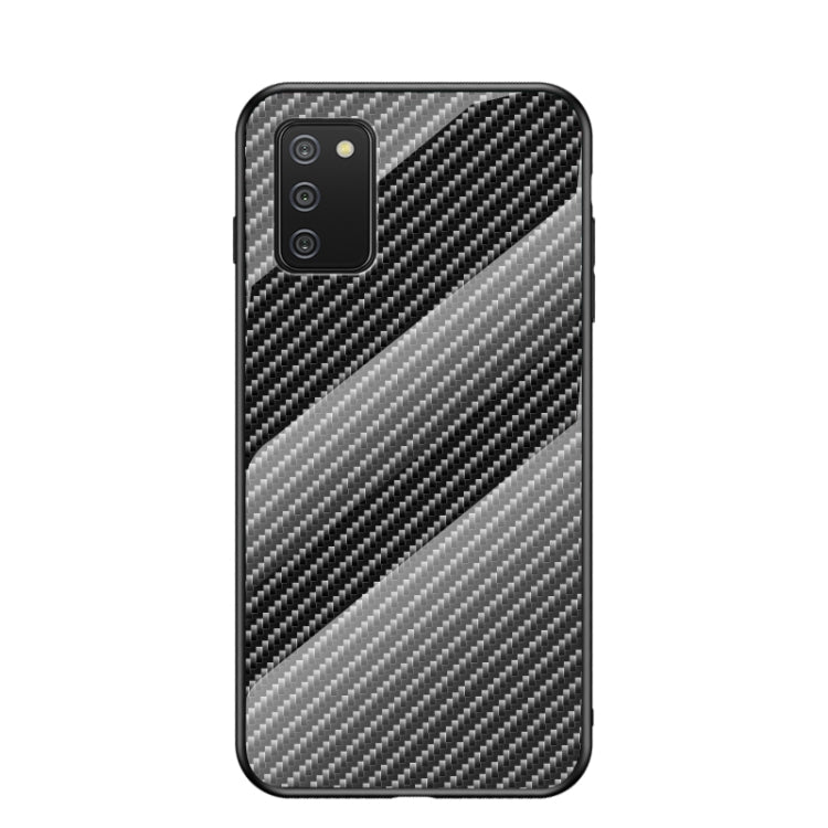For Samsung Galaxy A02s EU Version Gradient Carbon Fiber Texture TPU Border Tempered Glass Case