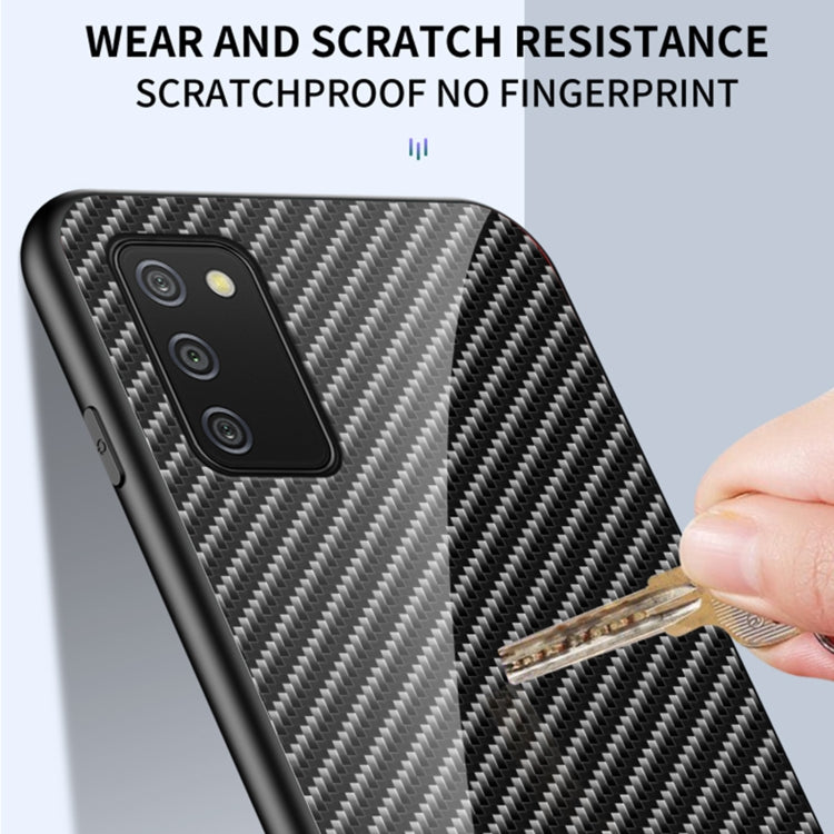 For Samsung Galaxy A02s EU Version Gradient Carbon Fiber Texture TPU Border Tempered Glass Case
