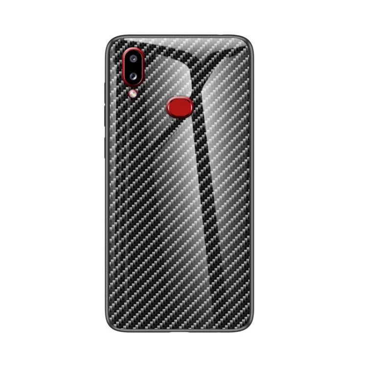 For Samsung Galaxy A10s Gradient Carbon Fiber Texture TPU Border Tempered Glass Case