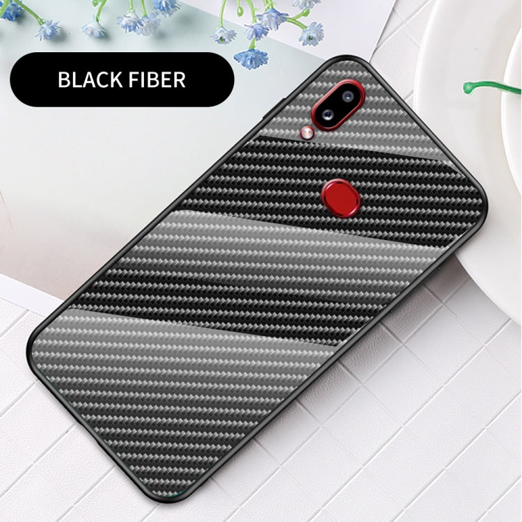 For Samsung Galaxy A10s Gradient Carbon Fiber Texture TPU Border Tempered Glass Case