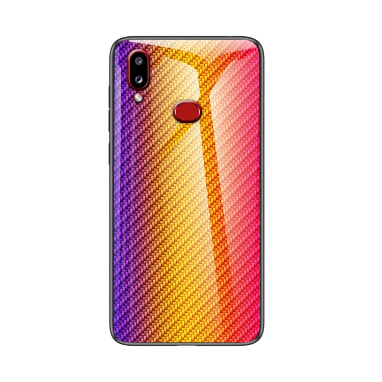 For Samsung Galaxy A10s Gradient Carbon Fiber Texture TPU Border Tempered Glass Case