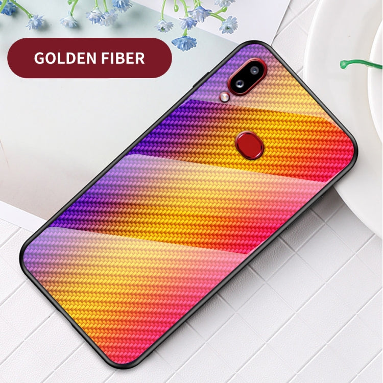For Samsung Galaxy A10s Gradient Carbon Fiber Texture TPU Border Tempered Glass Case
