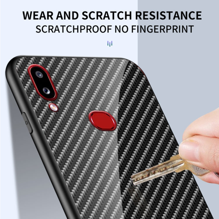 For Samsung Galaxy A10s Gradient Carbon Fiber Texture TPU Border Tempered Glass Case