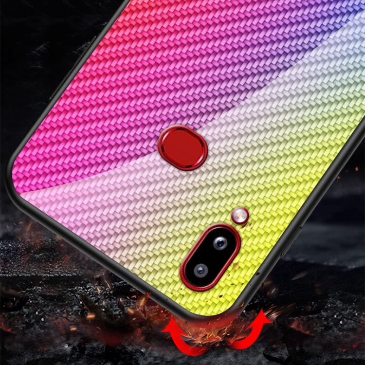 For Samsung Galaxy A10s Gradient Carbon Fiber Texture TPU Border Tempered Glass Case