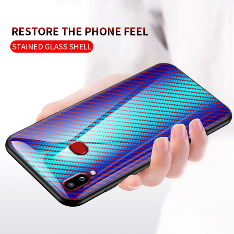 For Samsung Galaxy A10s Gradient Carbon Fiber Texture TPU Border Tempered Glass Case