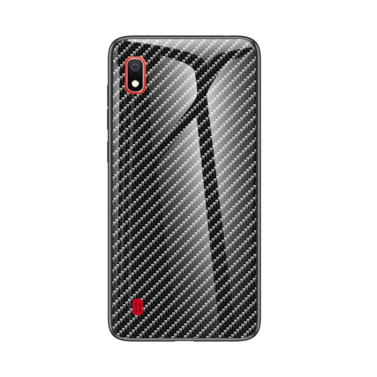For Samsung Galaxy A10 Gradient Carbon Fiber Texture TPU Border Tempered Glass Case
