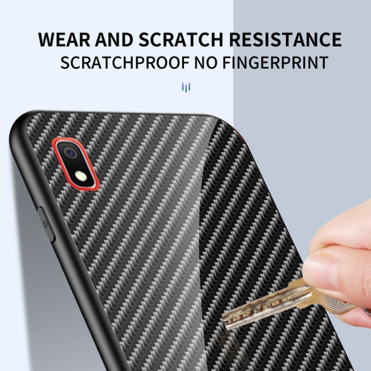 For Samsung Galaxy A10 Gradient Carbon Fiber Texture TPU Border Tempered Glass Case