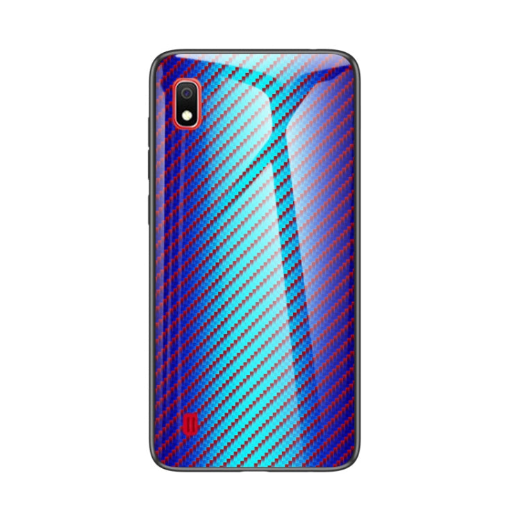 For Samsung Galaxy A10 Gradient Carbon Fiber Texture TPU Border Tempered Glass Case