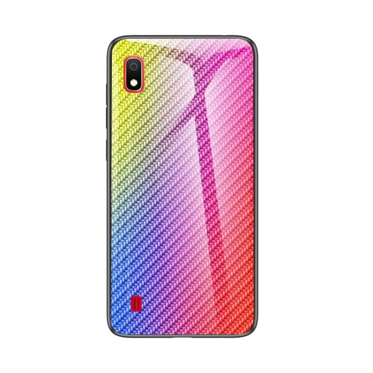 For Samsung Galaxy A10 Gradient Carbon Fiber Texture TPU Border Tempered Glass Case