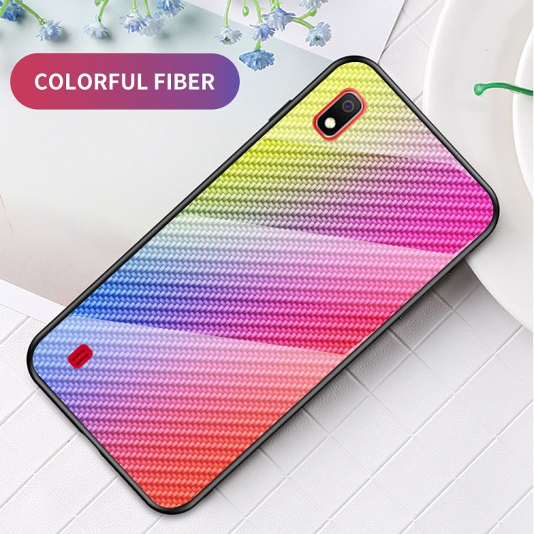 For Samsung Galaxy A10 Gradient Carbon Fiber Texture TPU Border Tempered Glass Case