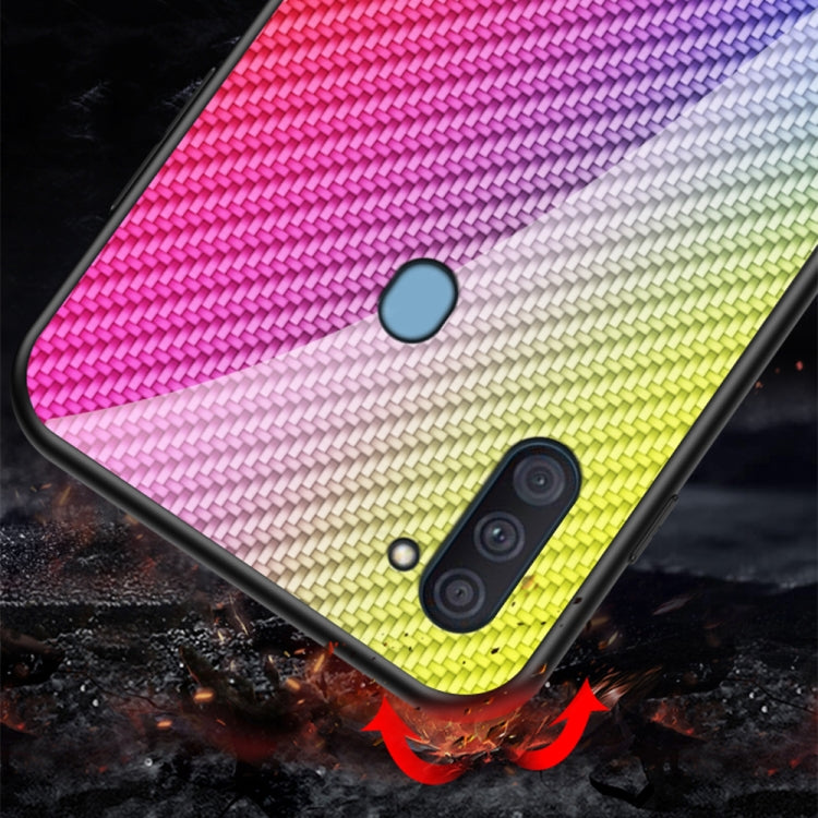 For Samsung Galaxy A11 Gradient Carbon Fiber Texture TPU Border Tempered Glass Case