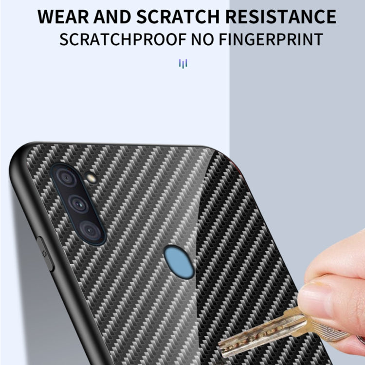 For Samsung Galaxy A11 Gradient Carbon Fiber Texture TPU Border Tempered Glass Case