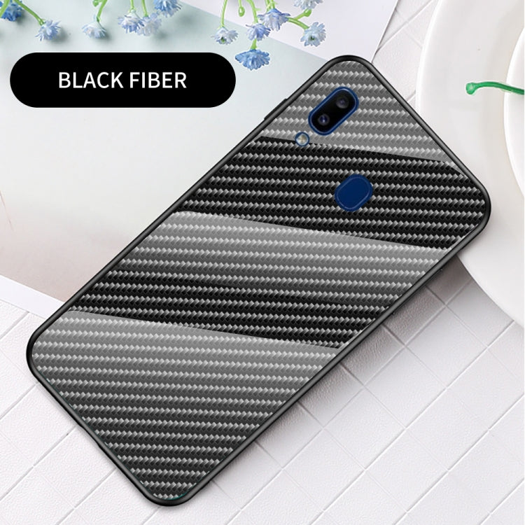 For Samsung Galaxy A20e Gradient Carbon Fiber Texture TPU Border Tempered Glass Case