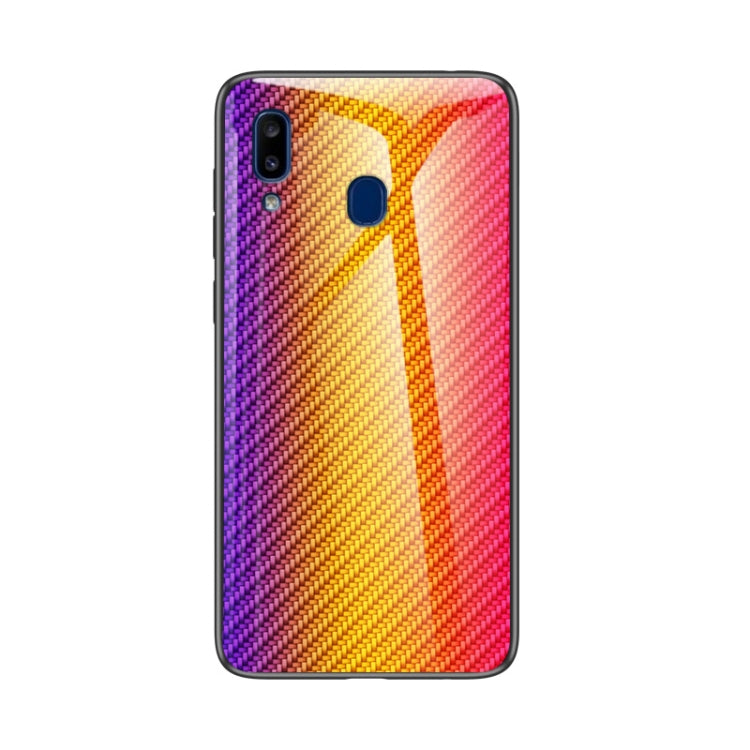 For Samsung Galaxy A20e Gradient Carbon Fiber Texture TPU Border Tempered Glass Case