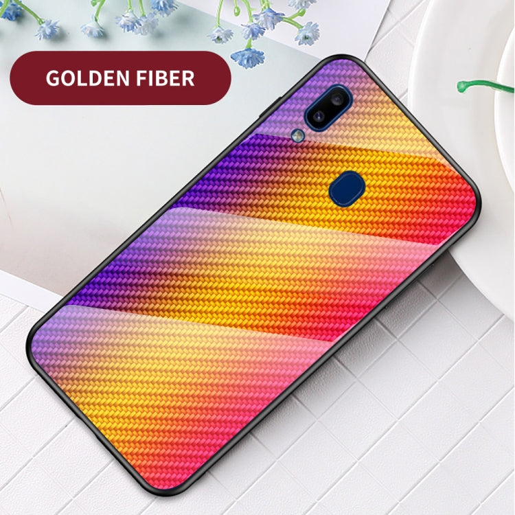 For Samsung Galaxy A20e Gradient Carbon Fiber Texture TPU Border Tempered Glass Case