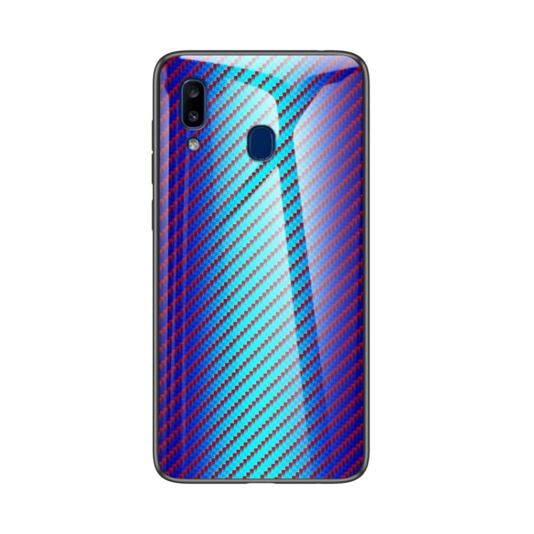For Samsung Galaxy A20e Gradient Carbon Fiber Texture TPU Border Tempered Glass Case