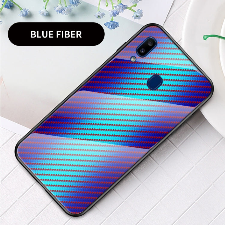 For Samsung Galaxy A20e Gradient Carbon Fiber Texture TPU Border Tempered Glass Case