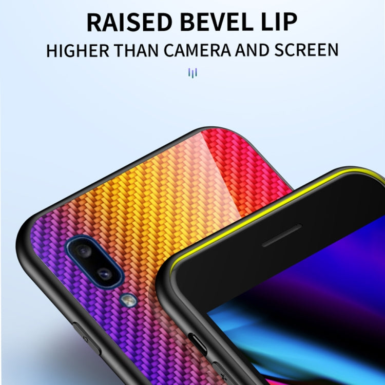 For Samsung Galaxy A20e Gradient Carbon Fiber Texture TPU Border Tempered Glass Case