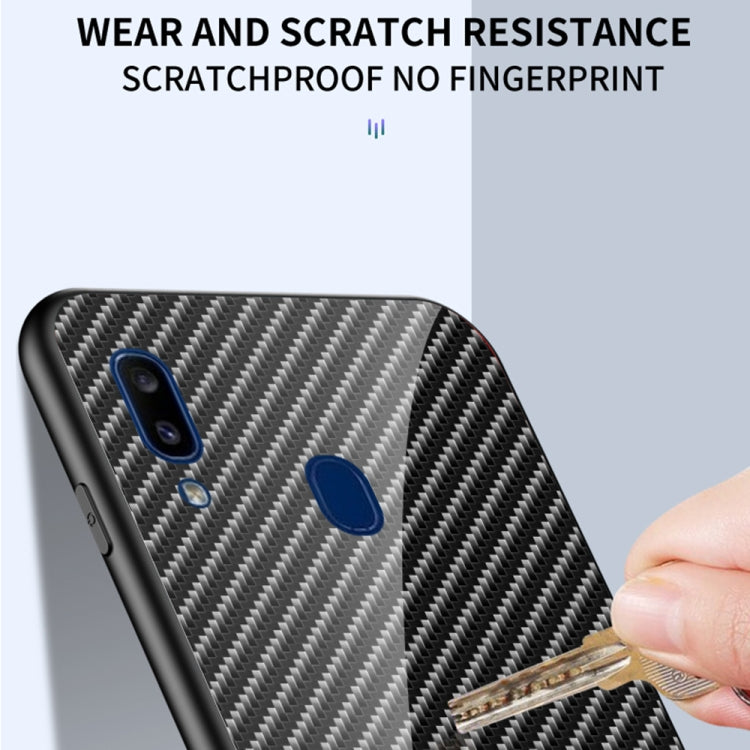 For Samsung Galaxy A20e Gradient Carbon Fiber Texture TPU Border Tempered Glass Case