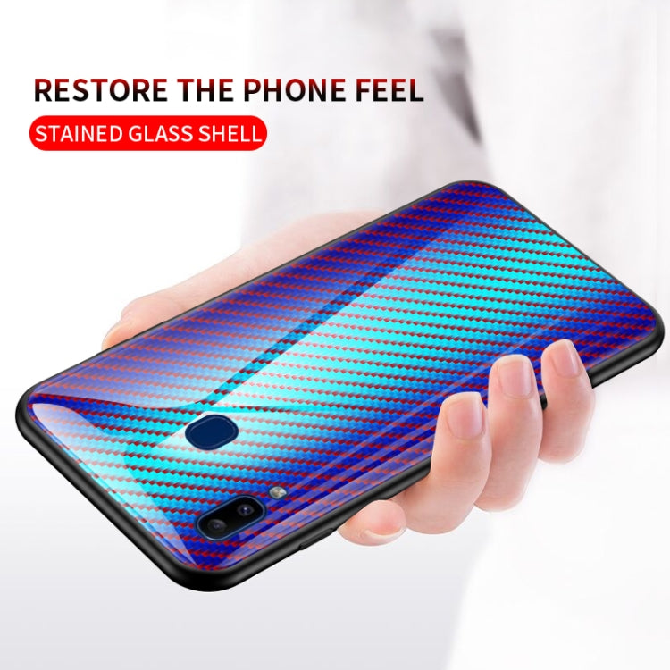 For Samsung Galaxy A20e Gradient Carbon Fiber Texture TPU Border Tempered Glass Case