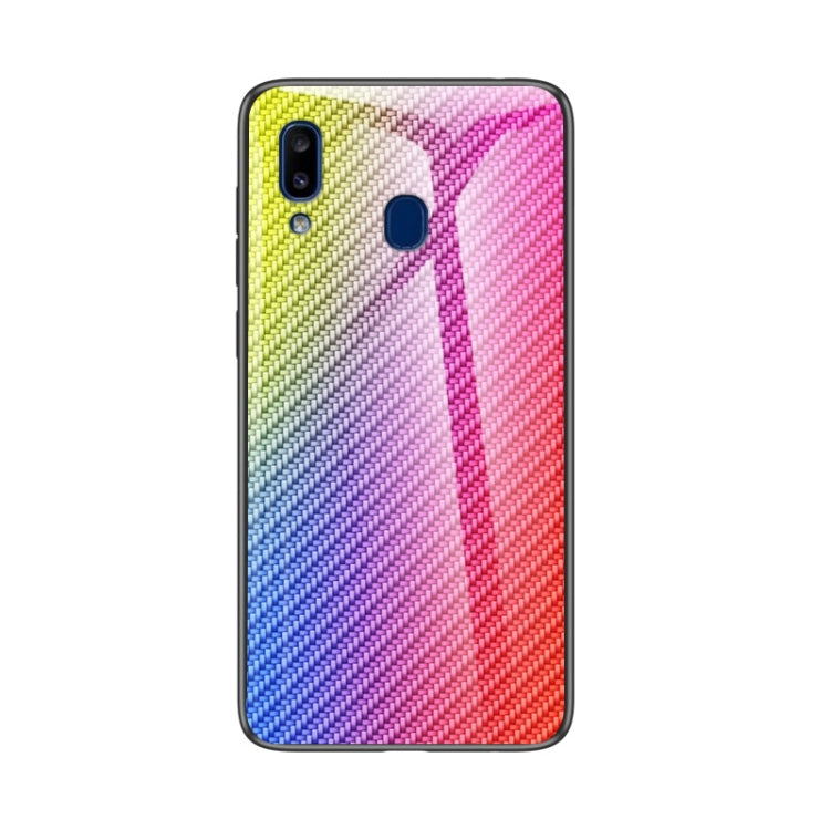 For Samsung Galaxy A20e Gradient Carbon Fiber Texture TPU Border Tempered Glass Case